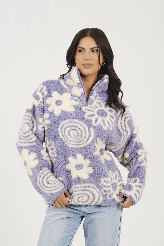 Quarter Zip Flower Print Sherpa Fleece - Brave Soul