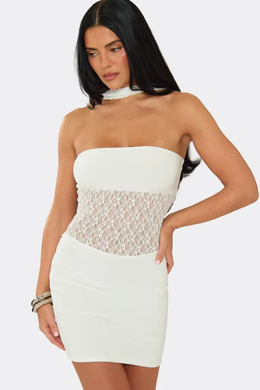 Sleeveless Lace Trim Slinky Mini Dress - EGO