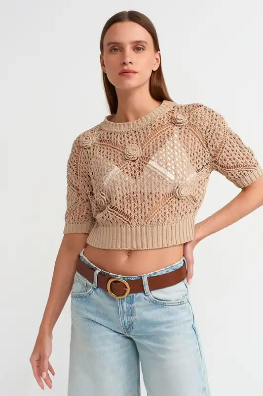 Women's Textured Crop Crew Neck Sweater - Dilvin