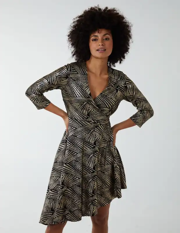 Asymmetric Metallic Animal Foil Wrap Dress - Blue Vanilla