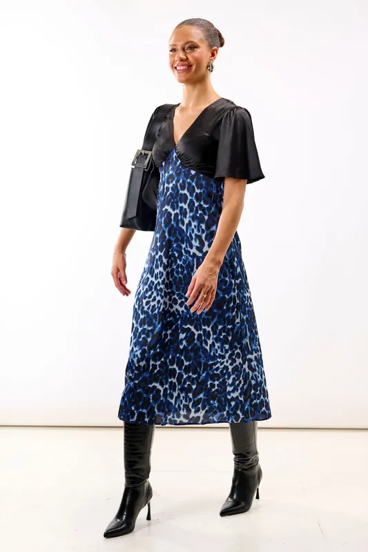 Blue Leopard Printed Satin Midi Dress - Needs No Label