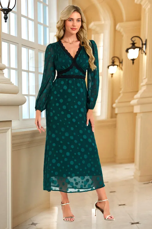 Long Sleeve Dot Jacquard Lace Trim Maxi Dress In Green - FS Collection