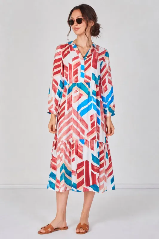 Santorini Geo Print Smock Midaxi Dress - Love Sunshine