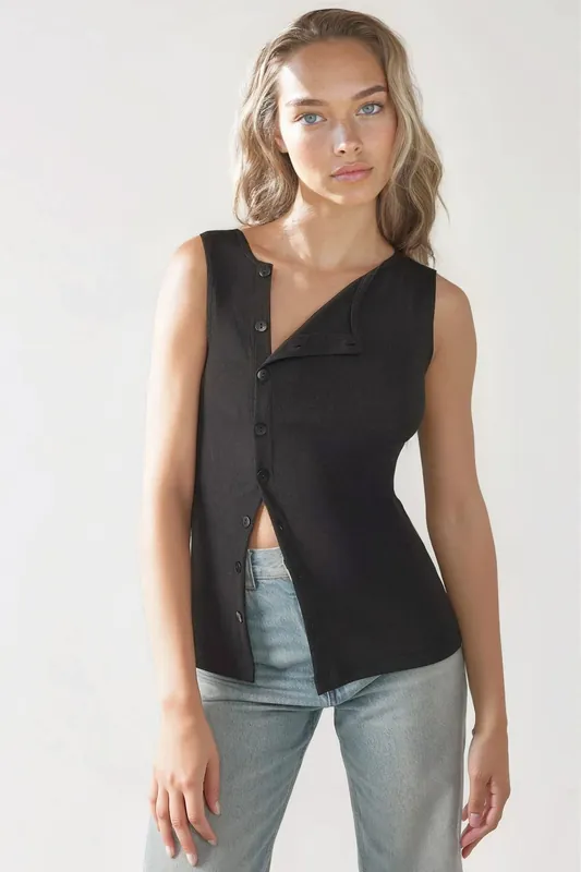 Textured Slim Fit Crew Neck Top with Button Detail - Hiccup