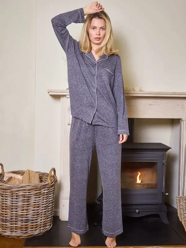 Marl Brushed Rib Long Sleeve Buttoned Pyjamas - Loungeable