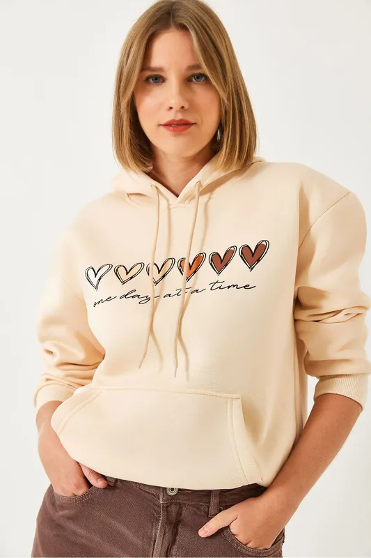 Hooded Cotton Motto Hoodie with Pocket - Bianco Lucci