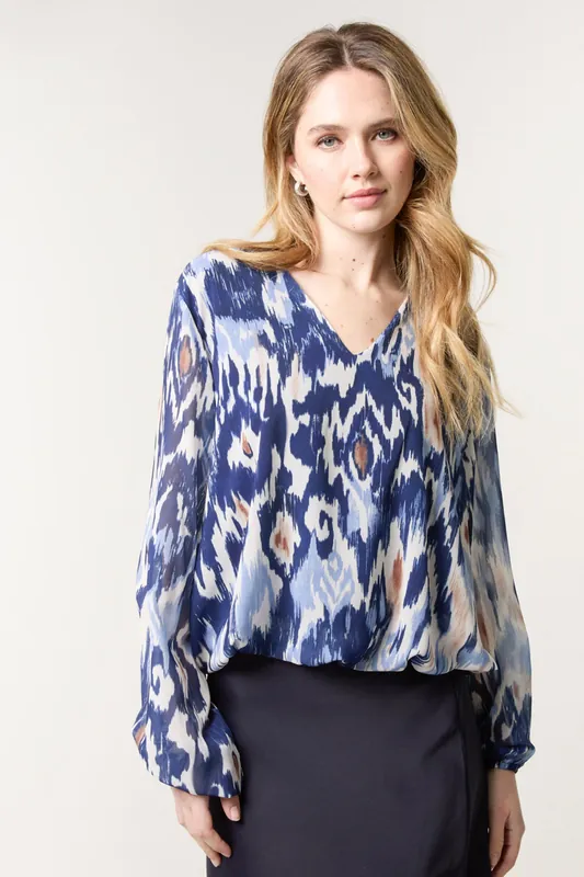 Navy V Neck Watercolour Print Blouse - Blue Vanilla