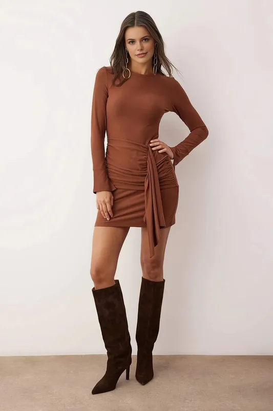 Drape Detail Bodycon Mini Stretch Knit Dress with Long Sleeves - WOVCOR