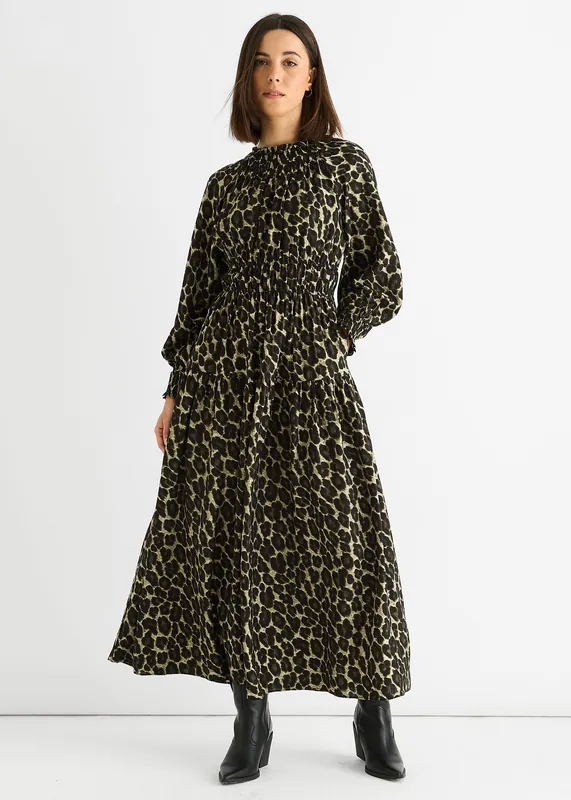 Khaki Animal Print Shirred High Neck Maxi Dress - Gini London