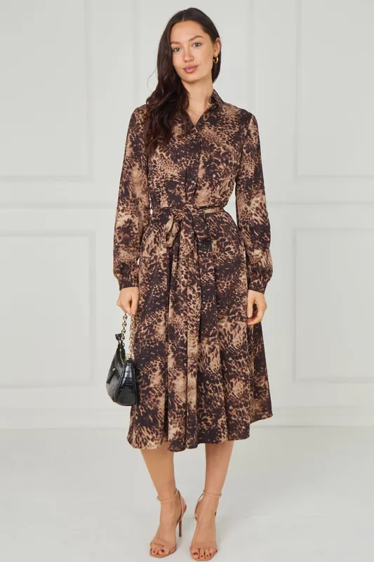 Brown Leopard Smudge Print Midi Shirt Dress - Love Sunshine