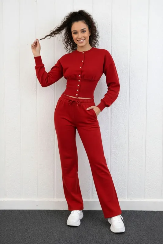 Button-Up Sweatshirt and Wide Leg Trouser - Two-Piece Tracksuit