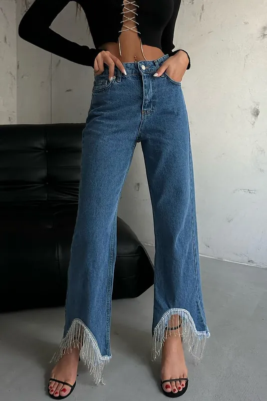 High Waist Wide Leg Jeans with a Tassel Hem - Hiccup
