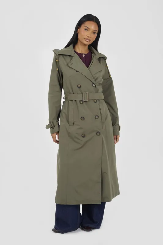 Double-Breasted Longline Trench Coat with Detachable Hood