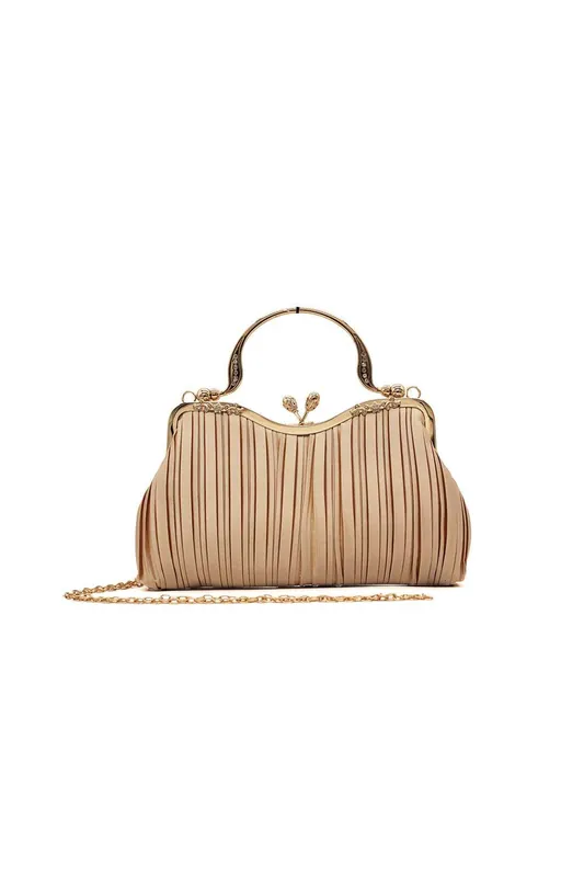 Floral Handle Pleated Satin Evening Clutch Bag - Kitise