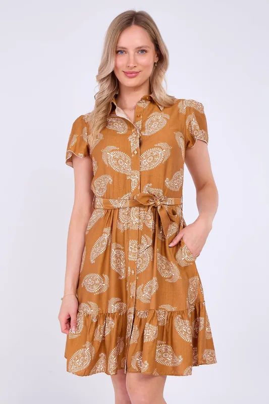 Caramel Paisley Print Short Sleeve Mini Dress - Love Sunshine