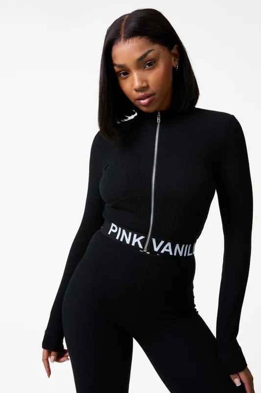 Ribbed Zip Up Top With Logo Band - Pink Vanilla