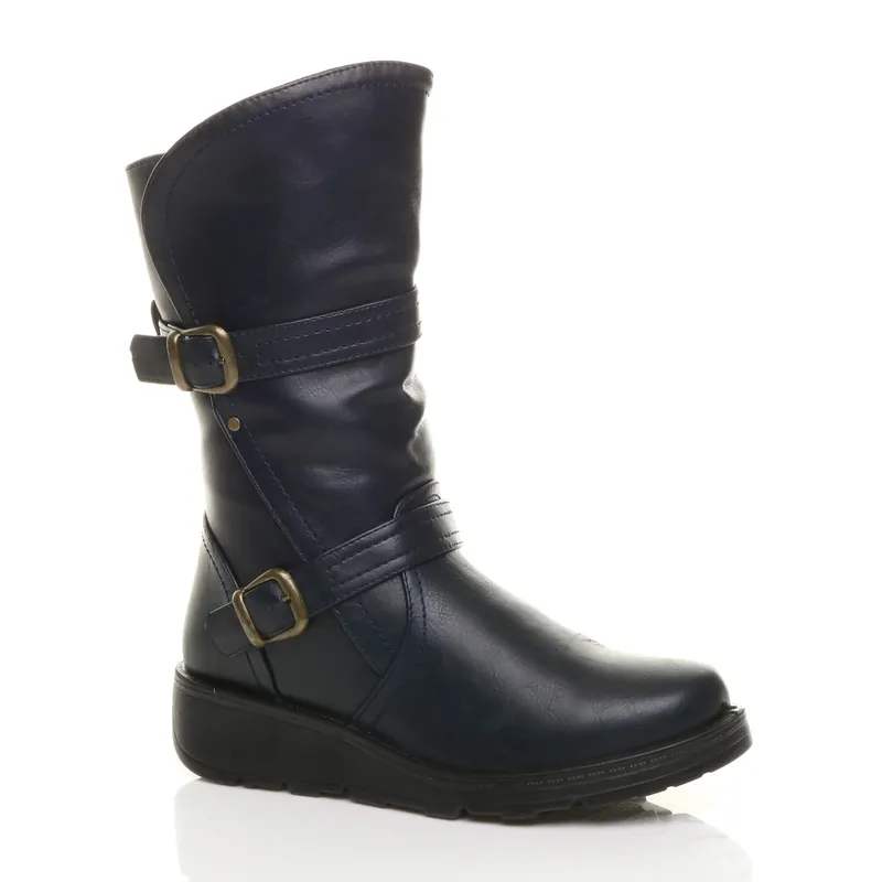 Low Wedge Heel Comfort Calf Biker Boots - AJVANI