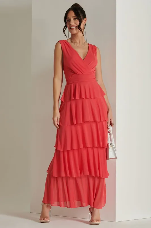 Plain Wrap Bodice Mesh Maxi Dress - Jolie Moi