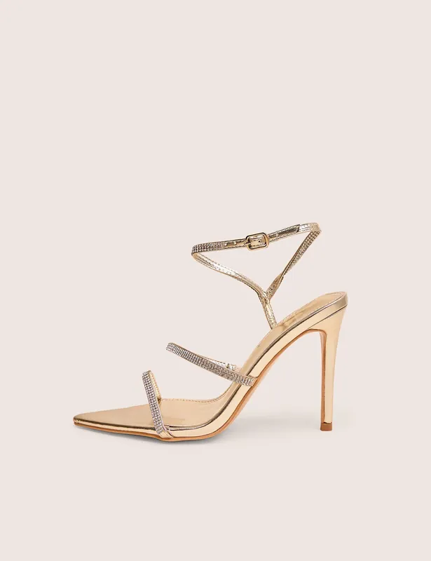 Seductive Gold Mirror Pu Diamante Strap Pointed Toe Stiletto High Heels - Public Desire
