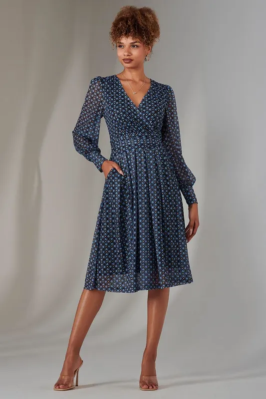 Long Sleeve Lace Print Midi Dress - Jolie Moi