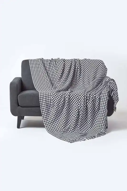 Houndstooth 100% Cotton Bedspread Throw - Homescapes