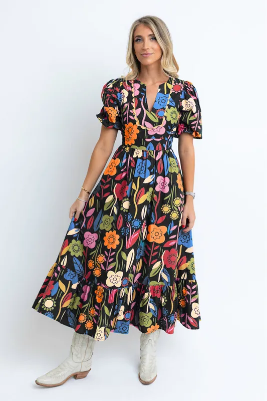 Black Retro Floral Printed Split Neck Maxi Dress - Everyday The Label