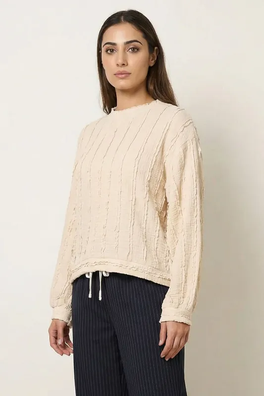 Beige Ruffle Detailed Sleeve Top - Blue Vanilla