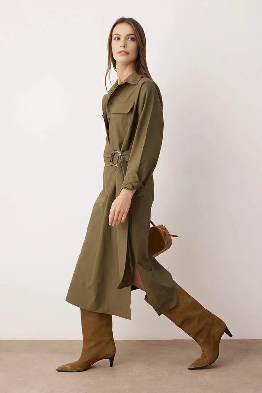 Belted Ring Detail Shirt Midi Dress - WOVCOR