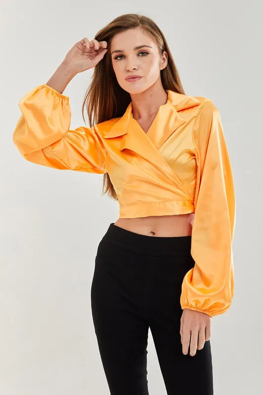 Satin Wrap Top in Orange - Liquorish