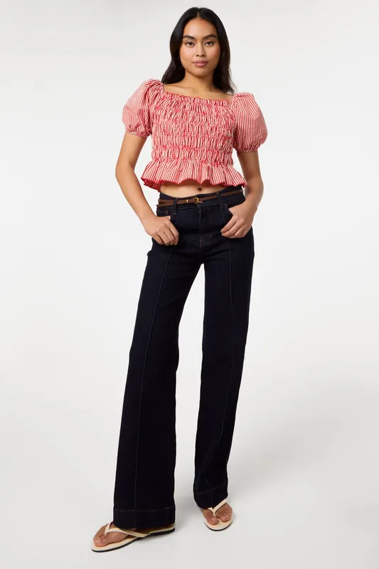 Red Gingham Check Ruched Top - Pink Vanilla