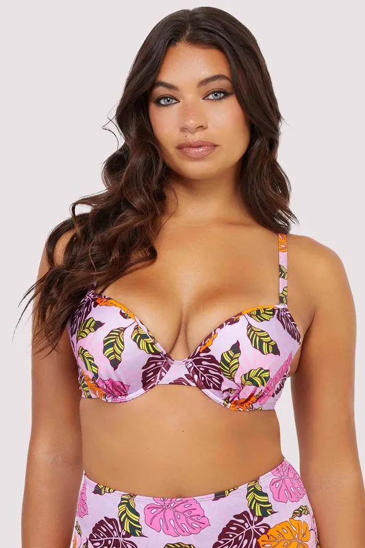 Riley Mix & Match Pink Palm Print Plunge Bikini Top - Peek & Beau