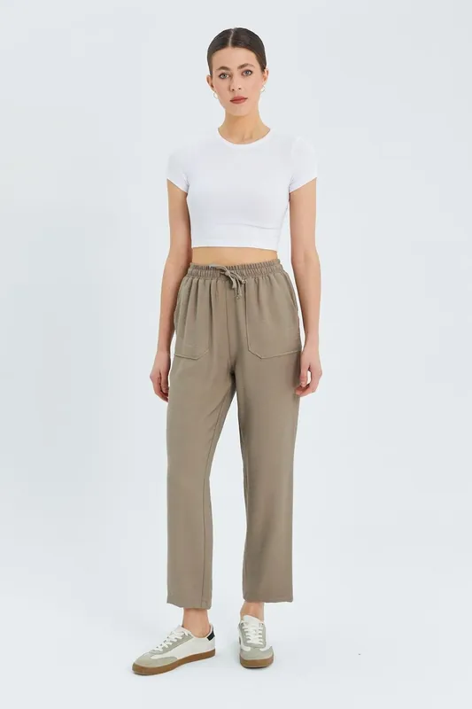 High Waist Carrot Fit Pants with Drawstring Waist - MixRay