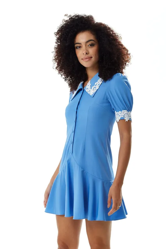 Fitted Mini Dress with Lace Details on Collar and Sleeves in Turquoise - Liquorish