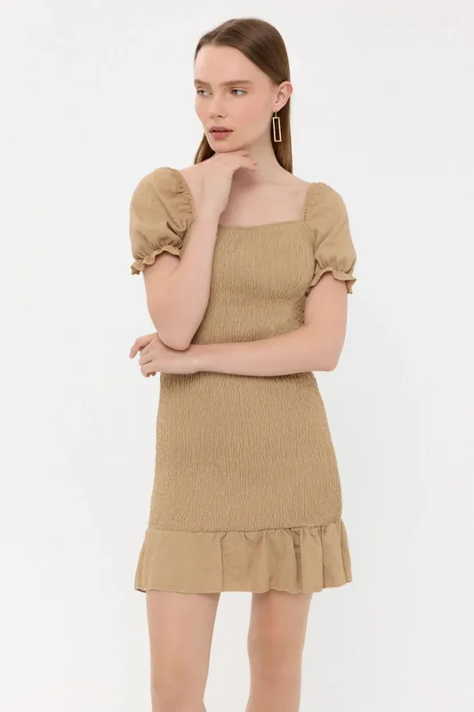 Ribbed Ruffled Square Neck Mini Dress with Balloon Sleeves - Hiccup