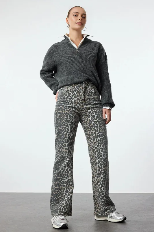 Leopard Print High Waist Wide Leg Jeans - WOVCOR