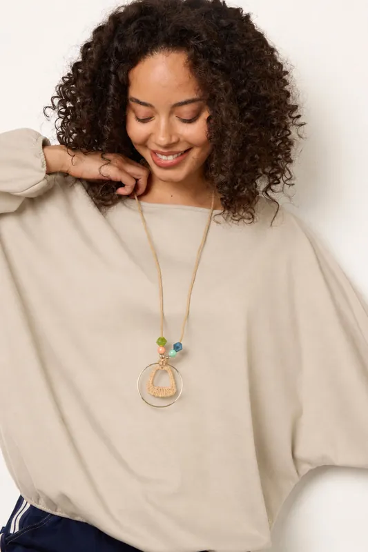 Stone Elasticated Batwing Necklace Jersey Top - Blue Vanilla