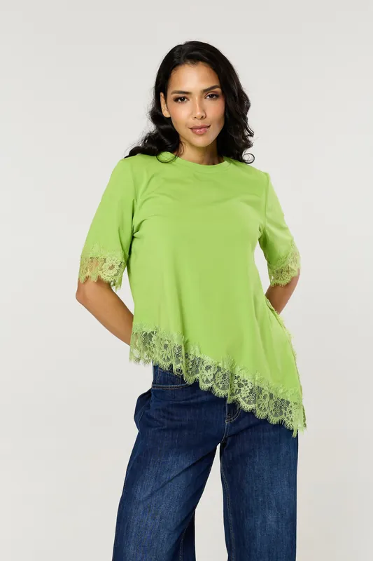 Green Asymmetric Lace Trim Cotton T-Shirt
