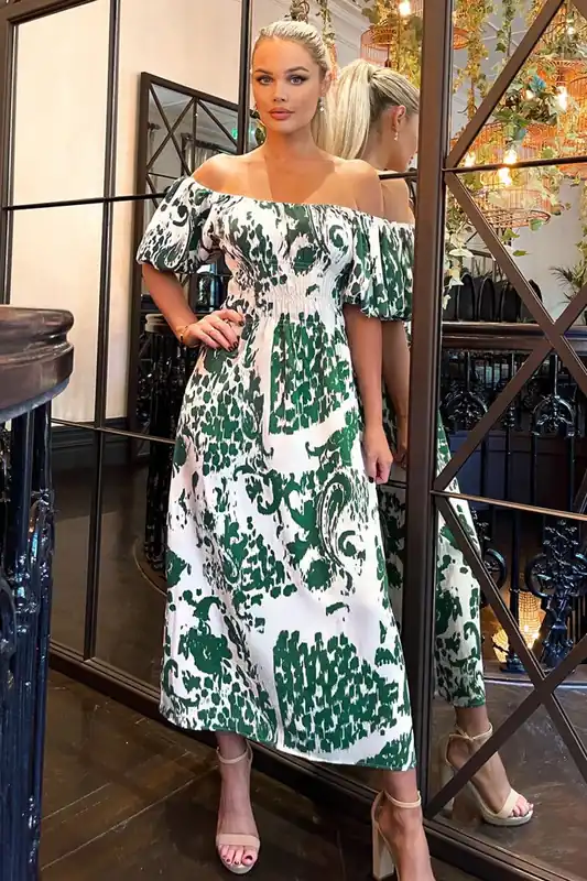 Cream and Green Printed Elasticated Waist Bardot Midi Dress - AX Paris