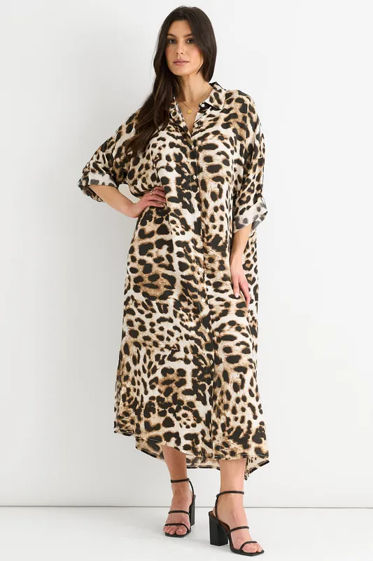 Animal Printed Button Through Midaxi Shirt Dress - Gini London