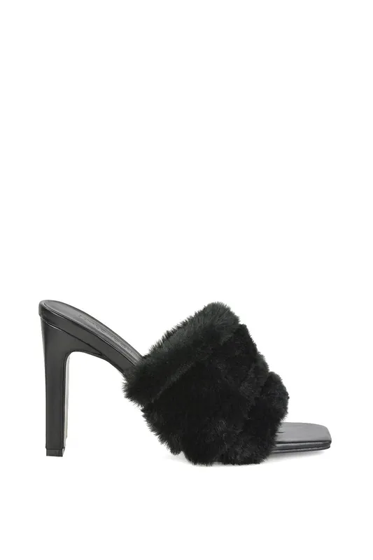 Hunter' Fluffy Faux Fur Square Toe Slim Block Heel Mules - XY London