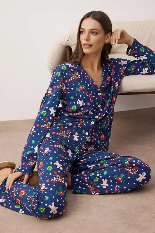 Reindeer Print Long Sleeve Top & Wide Leg Lounge Pyjama Set - WOVCOR