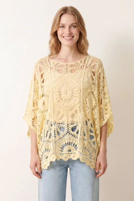 Lemon Crochet Detailed Kimono Top - Blue Vanilla