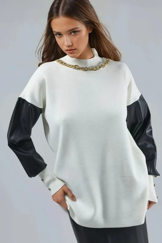 Faux Leather Detailed Sweater - MyFashion