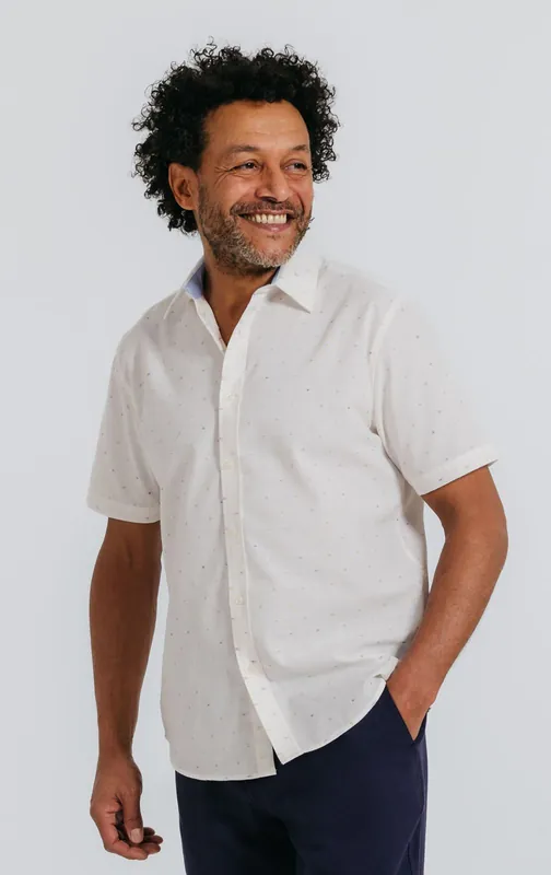 White Short Sleeve Coloured Weave Shirt - Dobell