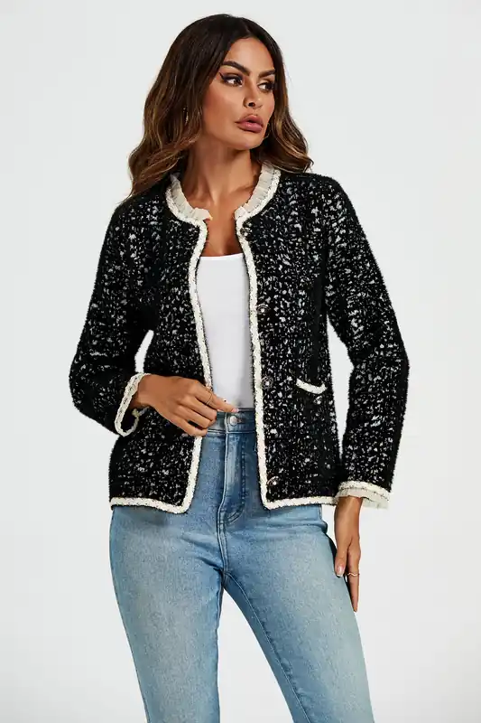 Lace Trim Boucle Jacket In Black - FS Collection