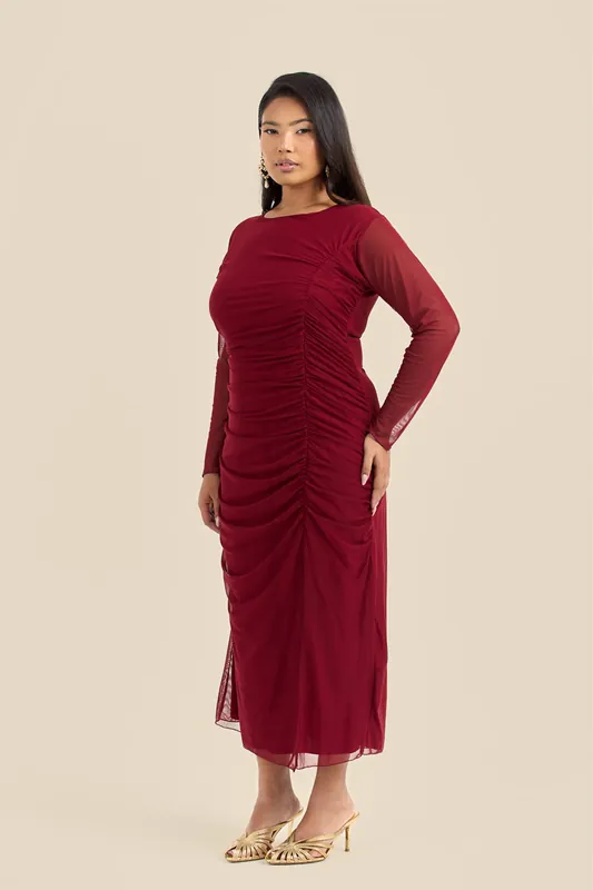 Plus Size Ruched Side Mesh Burgundy Midi Dress - FASHION-SZN