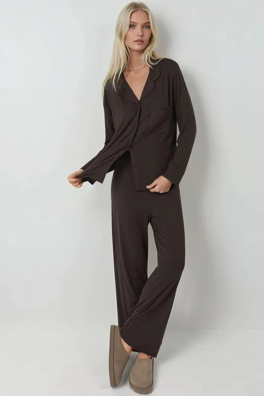 Button-Up Long Sleeve Pajama Set with Shirt Collar