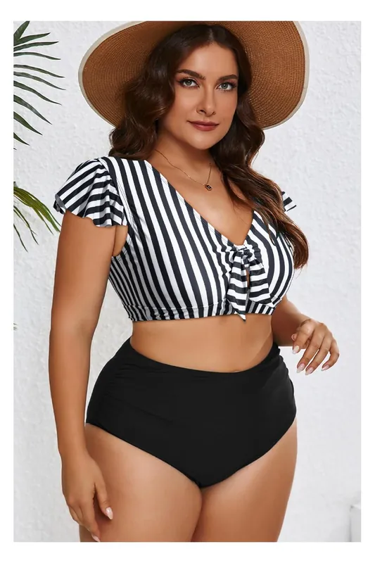 Black Stripe Plus Size Knot Cutout Ruffle Sleeve and High Waisted 2pcs - Everyday The Label