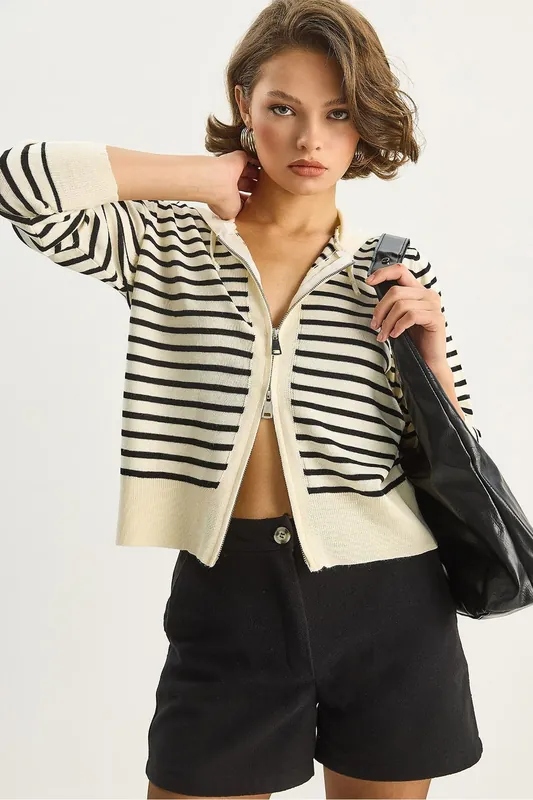 Striped Hooded Zipper Cardigan - Bianco Lucci