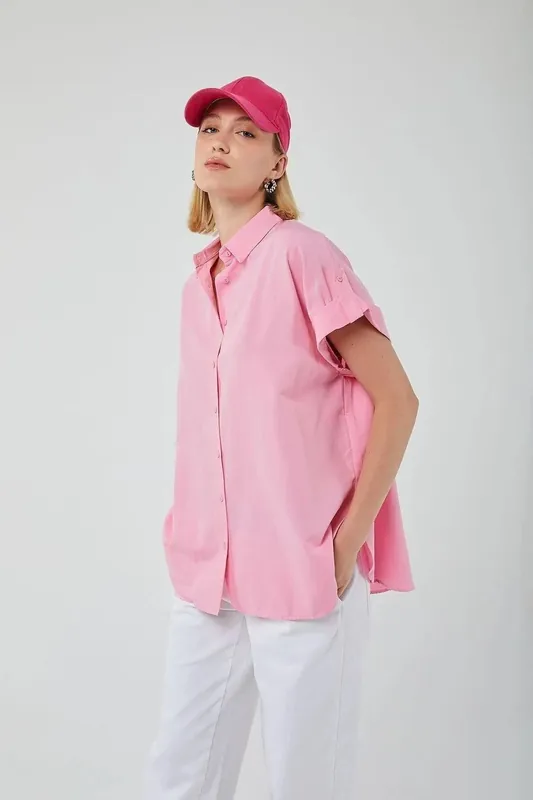 Oversized Short Sleeve Poplin Button-Up Shirt